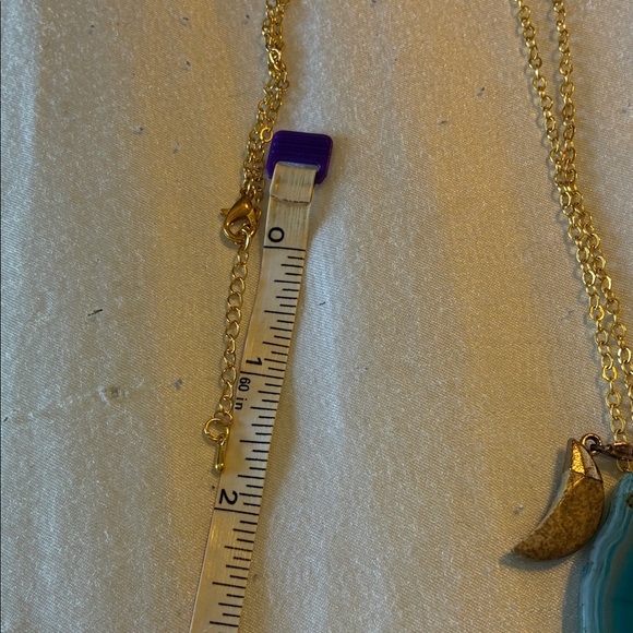 Elegant Blue Agate Slice and Jasper Moon Pendants on 23” Gold Tone Chain - Picture 7 of 12
